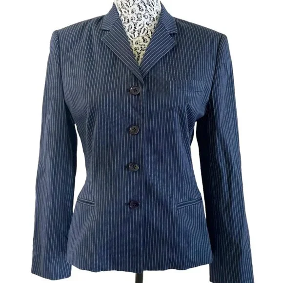 Vintage Ralph Lauren Women's Pinstripe Navy Blazer 4-Button - Picture 1 of 5